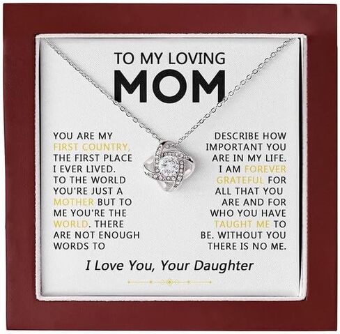To My Mom Stainless Steel Love Knot Necklace - Premium Cubic Zirconia Jewelry Gift for Mother, Includes Interchangeable Emotional Message Card & Luxury Gift Box. in Saudi Arabia