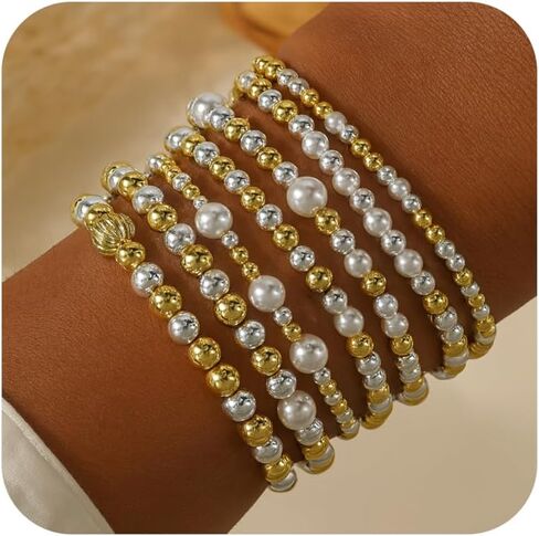 Gold Bracelets for Women Stackable 14K Gold Silver Plated Beaded Bracelets Stack Elastic Stretch Non Tarnish Bead Ball Stack Stretch Adjustable Dainty Jewelry Trendy Prom Gifts for Women in Saudi Arabia