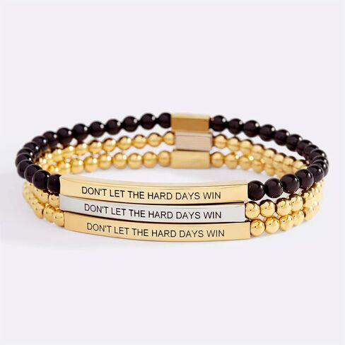 Dont Let The Hard Days Win Beaded Inspire Bracelet for Women, Adjustable Natural Obsidian Metal Tube Engraved Bracelets Stainless Steel Band Inspirational Gifts Jewelry in Saudi Arabia