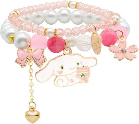 Kawaii Crystal Bracelet Cute Cartoon Elastic Beaded Pearl Bracelet Matching Bracelet Set Blue Pink White Crystal Beaded Bracelets Butterfly Heart Flower Bracelets BFF Friendship Bracelets Birthday Christmas Jewelry for Women in Saudi Arabia