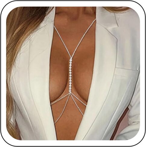 Rhinestone Body Chain for Women Layered Crystal Body Necklace Sexy Beach Bikini Bra Chain Sparkly Diamond Tassel Belly Waist Chain Nightclub Body Accessory Jewelry in Saudi Arabia