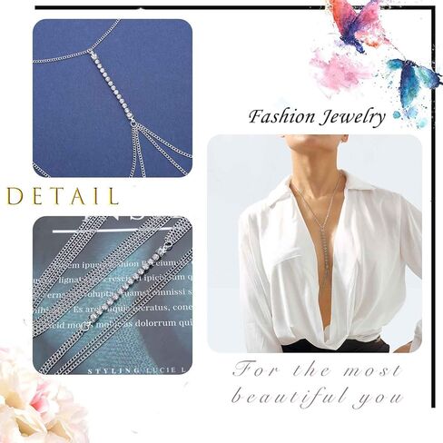 Rhinestone Body Chain for Women Layered Crystal Body Necklace Sexy Beach Bikini Bra Chain Sparkly Diamond Tassel Belly Waist Chain Nightclub Body Accessory Jewelry in Saudi Arabia