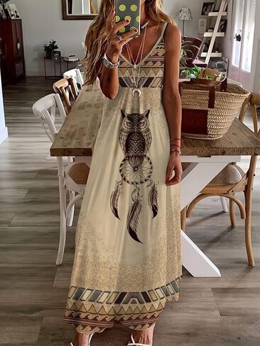 Women's Summer Maxi Dress Casual V-Neck Sleeveless Summer Vacation Beach Boho Spaghetti Strap Printed Long Maxi Dress in Saudi Arabia