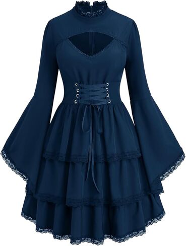 ROSE GAL Womens Plus Size Victorian Gothic Lace-up Layered Lace Trim Cutout Trumpet Sleeves Knee Length Dress in Saudi Arabia