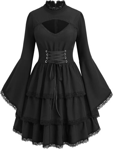 ROSE GAL Womens Plus Size Victorian Gothic Lace-up Layered Lace Trim Cutout Trumpet Sleeves Knee Length Dress in Saudi Arabia
