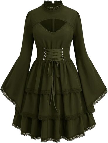 ROSE GAL Womens Plus Size Victorian Gothic Lace-up Layered Lace Trim Cutout Trumpet Sleeves Knee Length Dress in Saudi Arabia