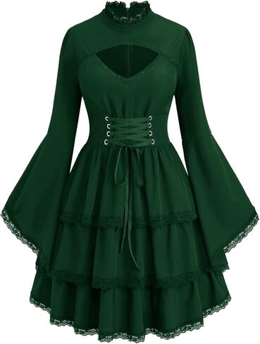 ROSE GAL Womens Plus Size Victorian Gothic Lace-up Layered Lace Trim Cutout Trumpet Sleeves Knee Length Dress in Saudi Arabia