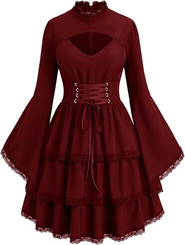 ROSE GAL Womens Plus Size Victorian Gothic Lace-up Layered Lace Trim Cutout Trumpet Sleeves Knee Length Dress in Saudi Arabia