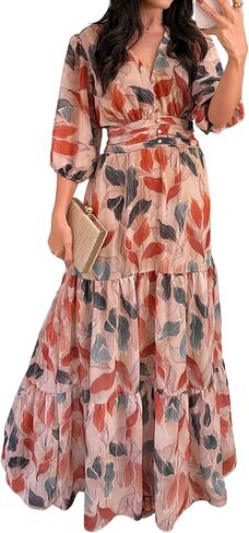 CHICME Women’s Summer Boho Maxi Dress V Neck 3/4 Puff Sleeve Floral Print Casual Vacation Beach Long Dress in Saudi Arabia