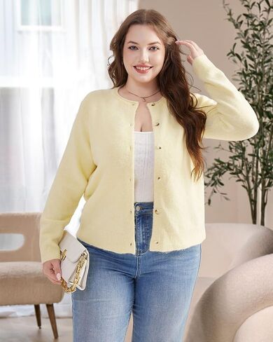 Plus Size Lightweight Cropped Cardigan Sweaters for Women Long Sleeve Knit Wool Button Up Sweater in Saudi Arabia
