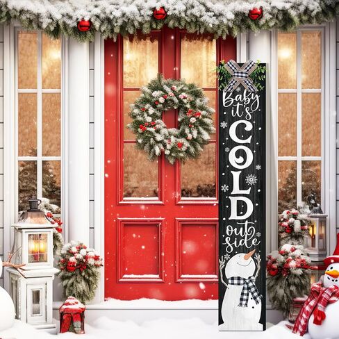 Winter Porch Sign Christmas Hanging Decor 42'' Rustic Vertical Welcome Wooden Sign with Lanyard Bowknot for Outdoor Home Front Door Porch Patio Deck Wall Indoor Farmhouse in Saudi Arabia