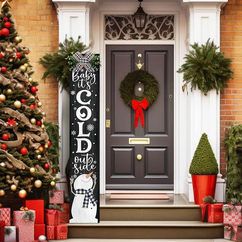 Winter Porch Sign Christmas Hanging Decor 42'' Rustic Vertical Welcome Wooden Sign with Lanyard Bowknot for Outdoor Home Front Door Porch Patio Deck Wall Indoor Farmhouse in Saudi Arabia