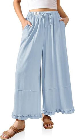 TARSE Womens Linen Palazzo Pants Ruffle Wide Leg Cropped Flowy Drawstring Casual Loose Summer Beach with Pockets in Saudi Arabia