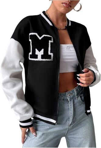 SweatyRocks Women's Varsity Jacket Letter Graphic Zip Up Long Sleeve Bomber Jackets Baseball Uniform Coats Streetwear in Saudi Arabia