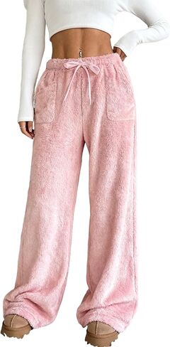 بنطال بيجامة نسائي من الصوف مع جيوب، جزء سفلي من القطيفة الناعمة للنوم في الشتاء وملابس الاسترخاء in Kuwait