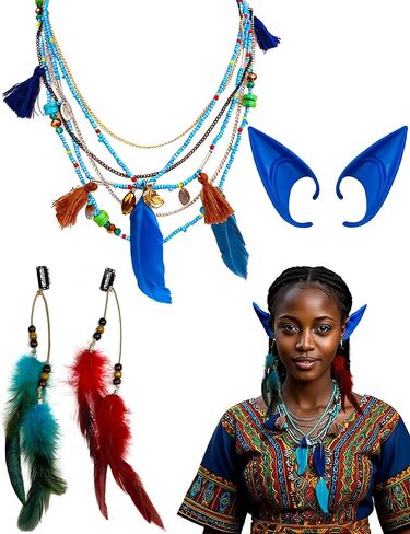 Bohemian Costume Set Accessories, Elf Earring, Boho Necklace and Hair Clip, Suitable for Cosplayer Costumer and Fans for Adult in Saudi Arabia