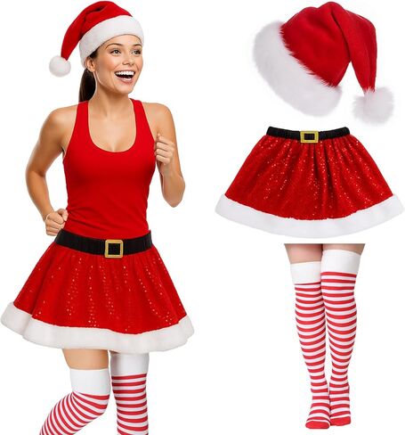 Bonuci 3 Pcs Christmas Running Costume for Women Include Red Tutu Skirt Santa Hat Striped Knee High Socks Xmas Clothes Outfit in Saudi Arabia