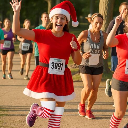 Bonuci 3 Pcs Christmas Running Costume for Women Include Red Tutu Skirt Santa Hat Striped Knee High Socks Xmas Clothes Outfit in Saudi Arabia