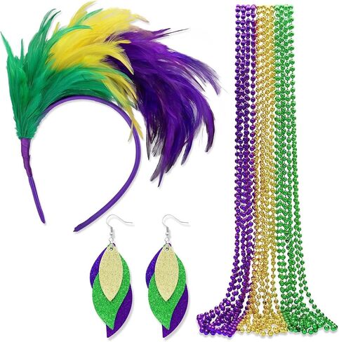 14 Pcs Mardi Gras Outfit Accessory Set for Women Feather Mardi Gras Headband Carnival Beads Necklace Mask Earrings in Saudi Arabia