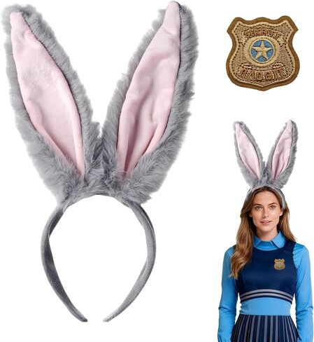 Gray Bunny Rabbit Ears Headband and Badge Costume Accessories Set for Women Easter Halloween Cosplay Party Holiday in Saudi Arabia