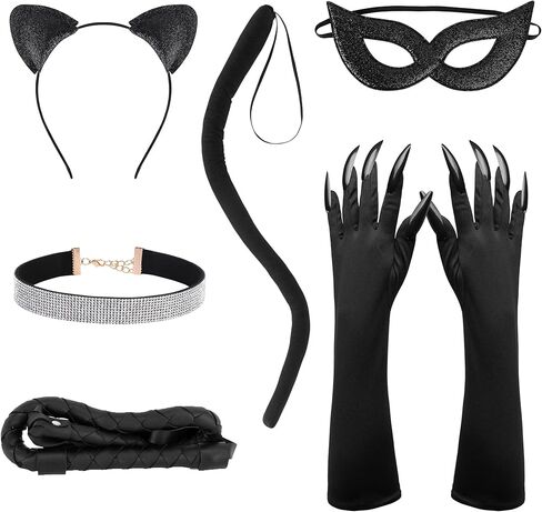 4/6Pcs Halloween Cat Woman Costume Accessories, Black Cat Mask Cosplay Costume for Women, Faux Leather Gloves Necklace Outfit in Saudi Arabia