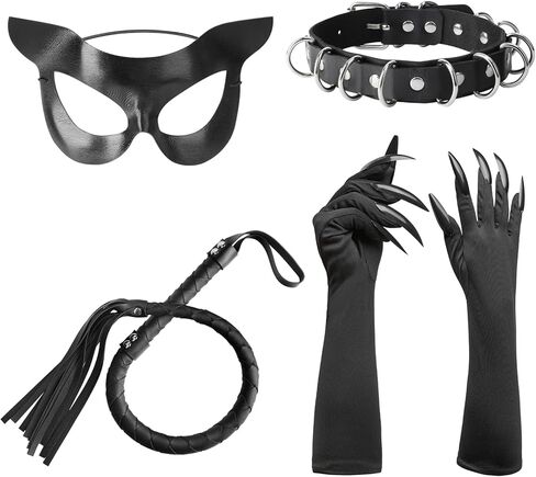4/6Pcs Halloween Cat Woman Costume Accessories, Black Cat Mask Cosplay Costume for Women, Faux Leather Gloves Necklace Outfit in Saudi Arabia