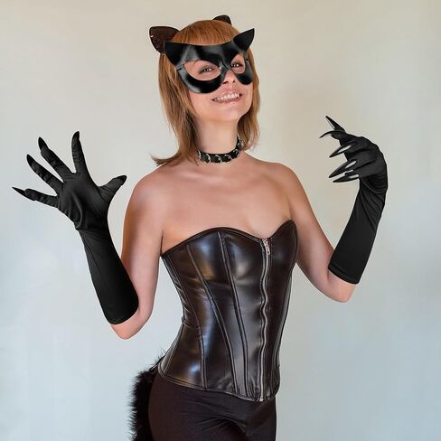 4/6Pcs Halloween Cat Woman Costume Accessories, Black Cat Mask Cosplay Costume for Women, Faux Leather Gloves Necklace Outfit in Saudi Arabia