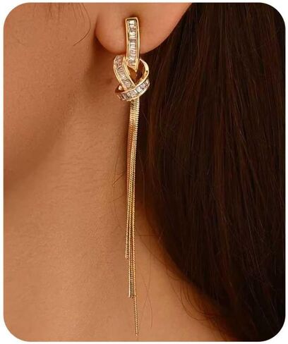 18K Gold/Silver Plated Dangle Earrings for Women Sparkly Rhinestone Long Tassel Dangle Earrings Dainty Long Hanging Chain Earrings Wedding Party Prom Earrings in Saudi Arabia