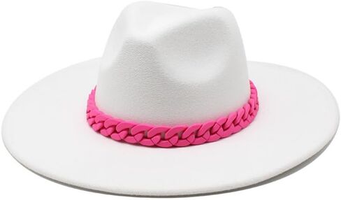 White Classic Fedora Hat with Pink Braided Band, Wide Brim Sun Protection, Casual Wear in Saudi Arabia