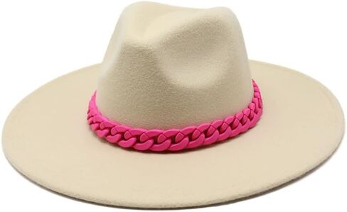 White Classic Fedora Hat with Pink Braided Band, Wide Brim Sun Protection, Casual Wear in Saudi Arabia