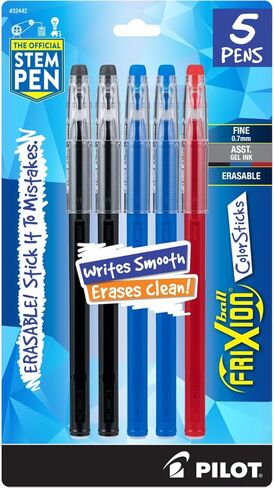Pilot, FriXion ColorSticks Erasable Gel Ink Pens, Fine Point 0.7 mm, Pack of 5, 2 Black, 2 Blue & 1 Red in Saudi Arabia