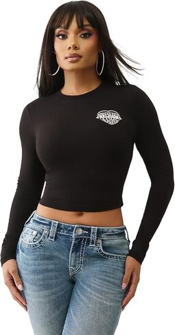 True Religion Heritage Logo Baby Tee – Women’s Cropped Graphic T Shirt, Cotton Blend Fitted Top in Saudi Arabia