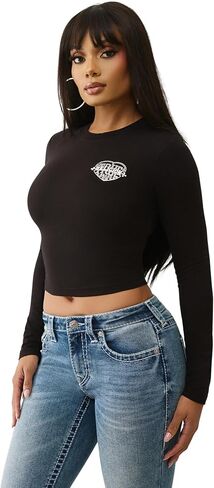 True Religion Heritage Logo Baby Tee – Women’s Cropped Graphic T Shirt, Cotton Blend Fitted Top in Saudi Arabia