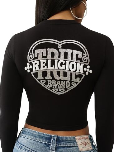 True Religion Heritage Logo Baby Tee – Women’s Cropped Graphic T Shirt, Cotton Blend Fitted Top in Saudi Arabia
