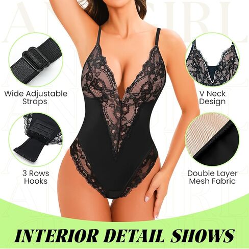 Anygirl Lace Shapewear Bodysuit for Women Tummy Control Full Body Shaperwear V-Neck Sculpting Bodysuit Top Lace Briefer in Saudi Arabia