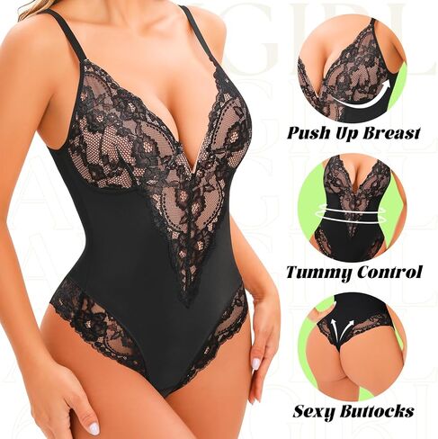 Anygirl Lace Shapewear Bodysuit for Women Tummy Control Full Body Shaperwear V-Neck Sculpting Bodysuit Top Lace Briefer in Saudi Arabia