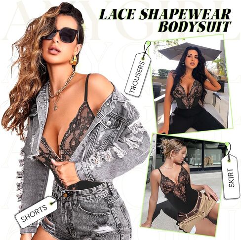 Anygirl Lace Shapewear Bodysuit for Women Tummy Control Full Body Shaperwear V-Neck Sculpting Bodysuit Top Lace Briefer in Saudi Arabia