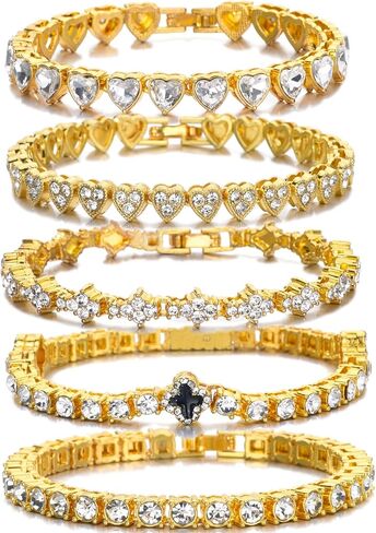 5PCS Diamond Tennis Chain Bracelet Set for Women ,Gold/Silver Plated Bangle Cuff Heart Shape Floral Clover Cross Charms Single Row Diamond Layered Link Bracelet Set Fashion Jewelry for Women Set in Saudi Arabia