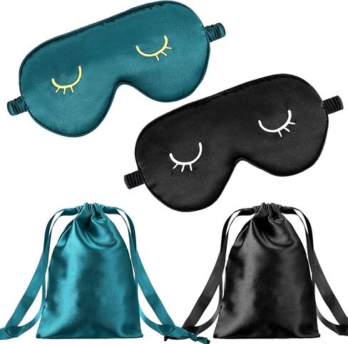 Geyoga 2 Pcs Cute Sleep Eye Masks for Adult Silk Sleep Eye Cover Cute Lightweight Adjustable Eyeshade Mask Satin Night Eyeshade Covers with 2 Pcs Storage Bag(Adult, Green, Black) in Saudi Arabia