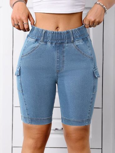 Women's Elastic Waist Denim Shorts High-Waisted Cargo Jean Shorts with Pockets in Saudi Arabia