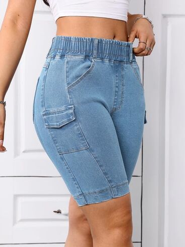 Women's Elastic Waist Denim Shorts High-Waisted Cargo Jean Shorts with Pockets in Saudi Arabia