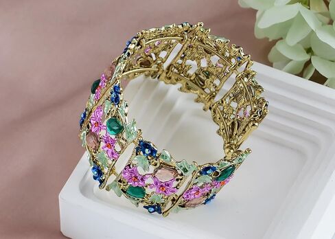 Alilang Women Gold Hollow Vintage Floral Crystal Rhinestone Enamel Flower Garden Bracelet Bangle Cuff in Saudi Arabia