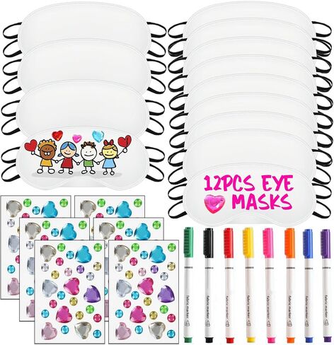 26 PCS Sleepover Party Supplies, 12 PCS Sleep Eye Masks Blindfold Slumber Eye Covering with 6 Sheets Self-Adhesive Heart Rhinestones Gems&8 PCS Fabric Marker Pens, White in Saudi Arabia