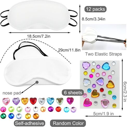 26 PCS Sleepover Party Supplies, 12 PCS Sleep Eye Masks Blindfold Slumber Eye Covering with 6 Sheets Self-Adhesive Heart Rhinestones Gems&8 PCS Fabric Marker Pens, White in Saudi Arabia