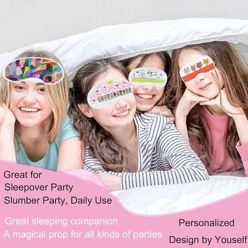 26 PCS Sleepover Party Supplies, 12 PCS Sleep Eye Masks Blindfold Slumber Eye Covering with 6 Sheets Self-Adhesive Heart Rhinestones Gems&8 PCS Fabric Marker Pens, White in Saudi Arabia