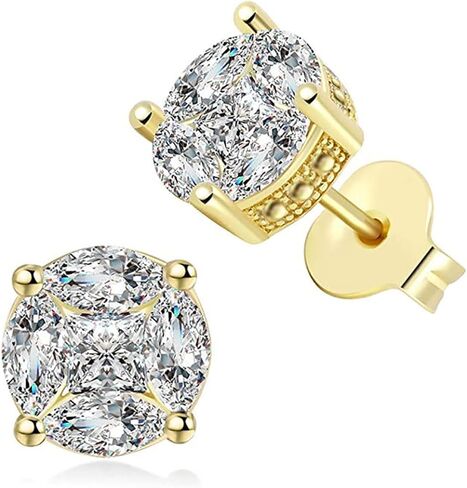 18K Gold-Plated Diamond-Cut Round Cubic Zirconia Stud Earrings, Carat Equivalent, Hypoallergenic, Luxury, Gift-Ready, Unisex in Saudi Arabia
