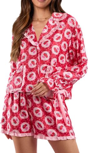 Women Valentine’s Day Silk Pajama Set Long Sleeve Shirt Shorts Pjs Sets Love Heart Print 2 Piece Sleepwear in Saudi Arabia