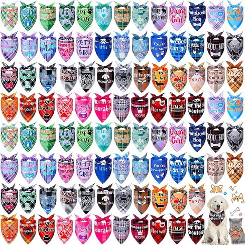 Sweetude 100 Pcs Tie Dye Dog Bandanas Bulk with Sayings Pet Triangle Scarf Bibs Washable Puppy Kerchief Adjustable Grooming Supplies for Small Medium Large Dog Cat Costume Accessories in Saudi Arabia