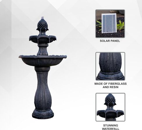 XBrand 44" H Black Fiberglass/Resin 2-Tier Solar Water Fountain with Auto-Shut Off Pump, Tall Outdoor Fountain, Two Tiered Birdbath in Saudi Arabia