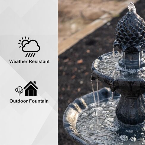 XBrand 44" H Black Fiberglass/Resin 2-Tier Solar Water Fountain with Auto-Shut Off Pump, Tall Outdoor Fountain, Two Tiered Birdbath in Saudi Arabia